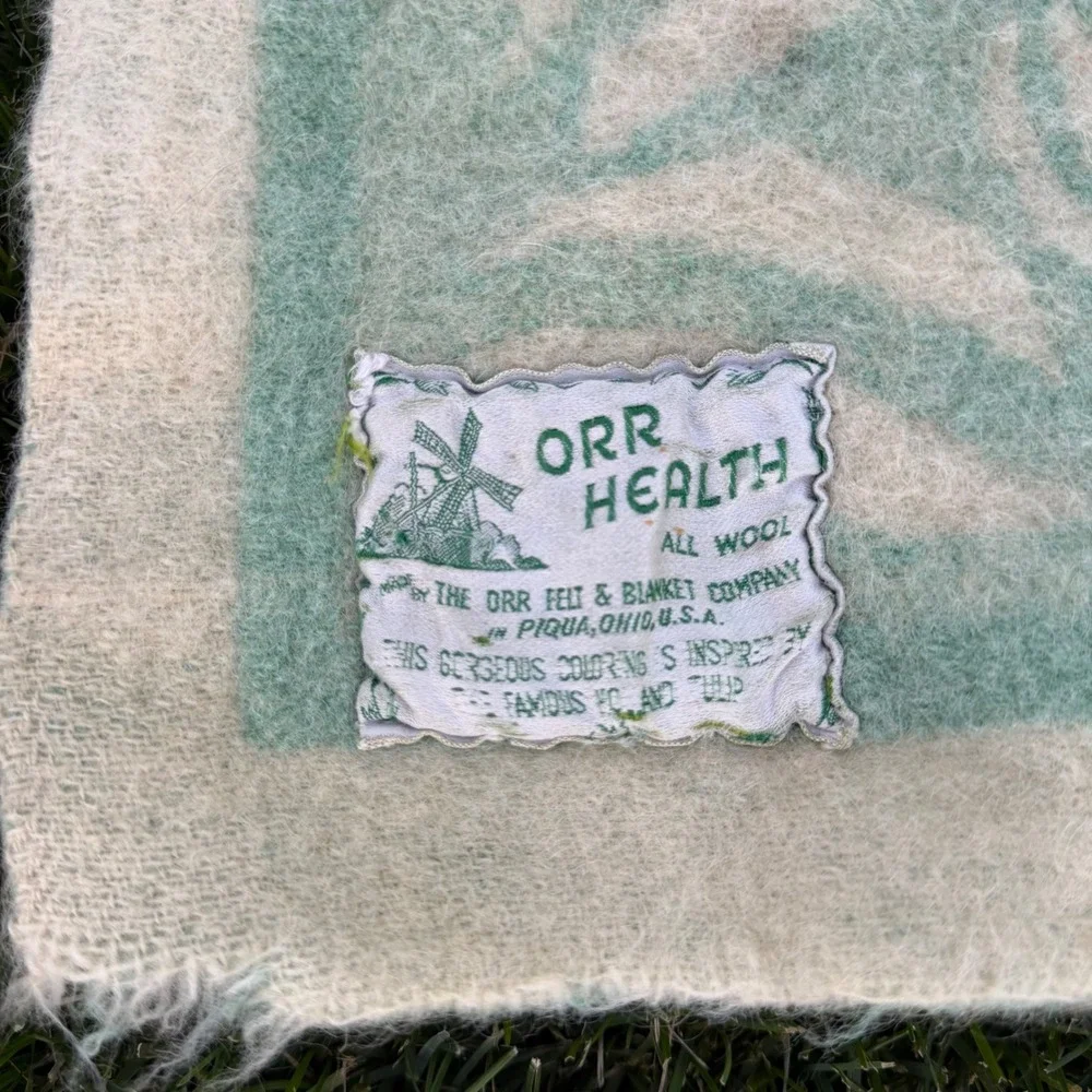 Vintage Orr Health All Wool Blanket Dutch Tulip Floral Seafoam Green 64x48 rare